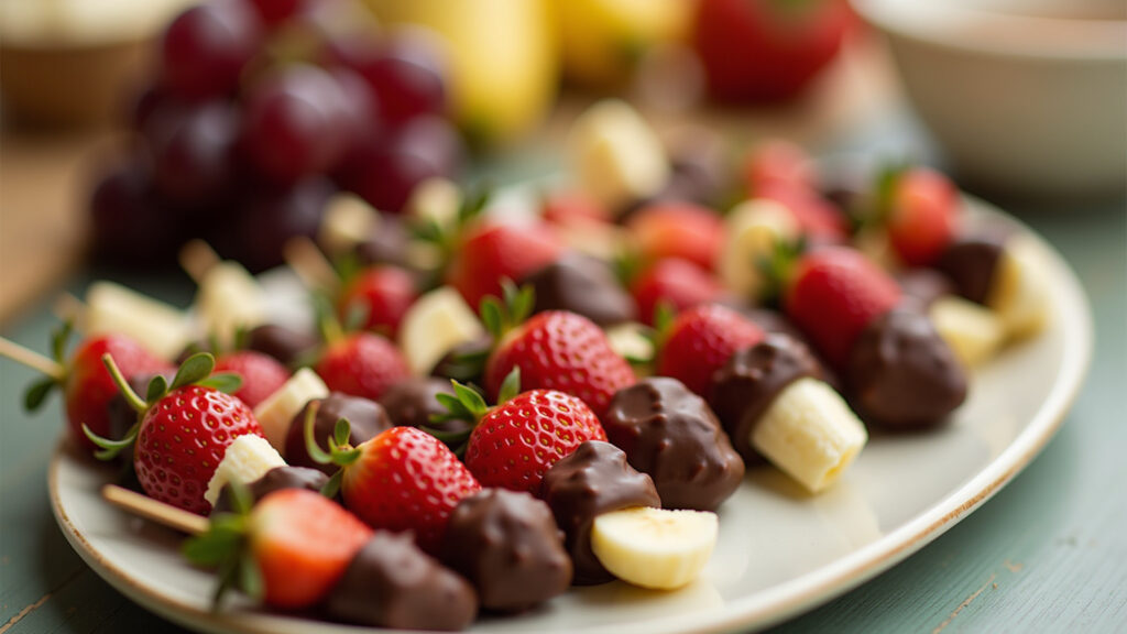 Fruit skewers dipped in chocolate, strawberries, grapes, bananas, party setting, fun, 8K quality, Espetinhos de frutas com chocolate.
