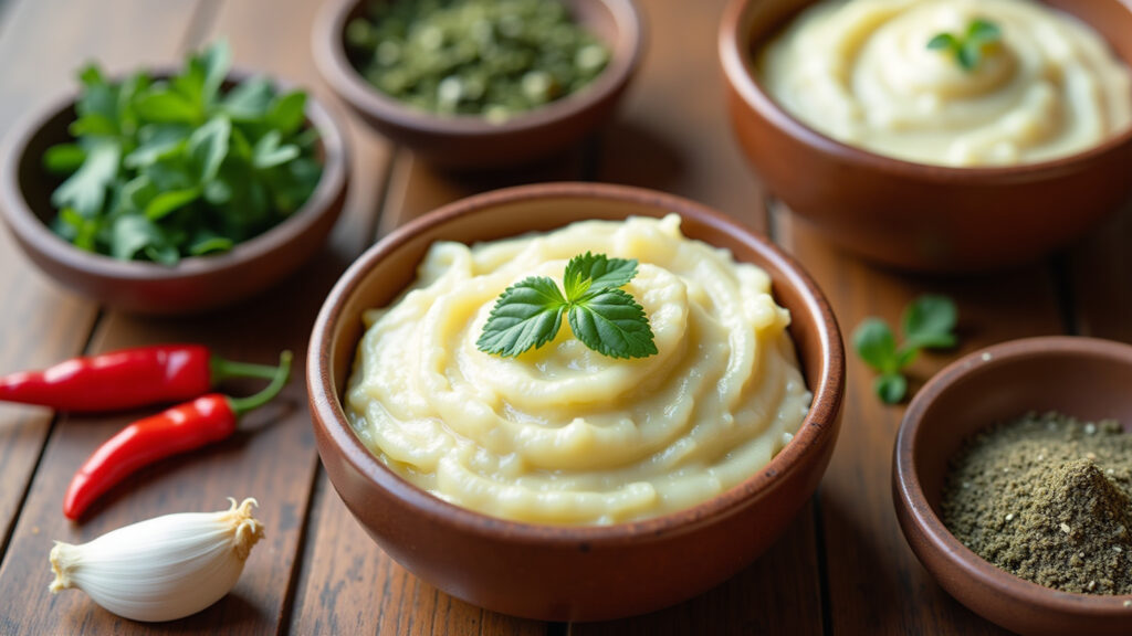Garlic paste variations: herbs, chili, different spices, small bowls, wooden table, natural light, Variações da pasta de alho com diferentes temperos.