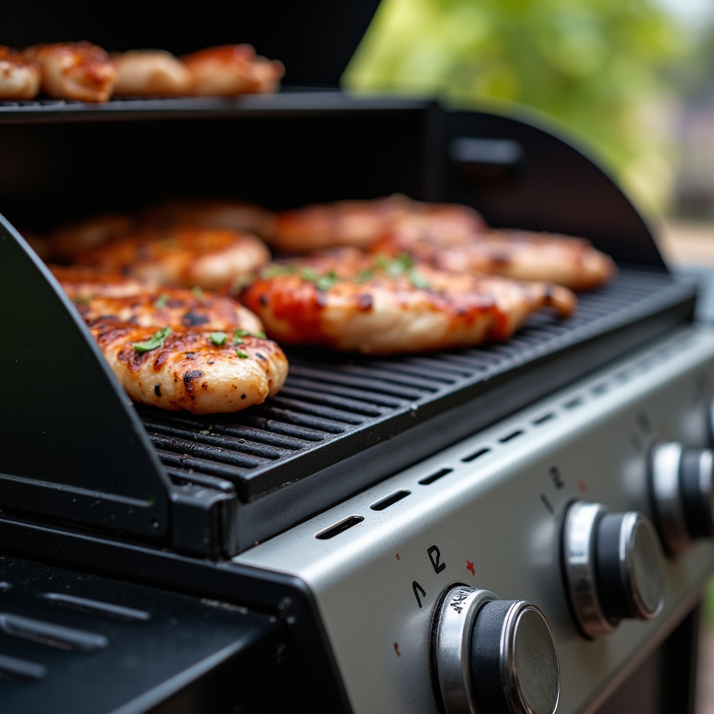 Gas grill with automatic ignition, hand turning knob, easy start, professional photography, 8K Churrasqueira a gás com acendimento automático.