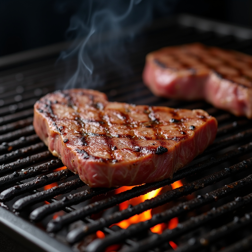 Gas grill with cast iron grate, steak, grill marks, professional photography, 8K quality, sharp Churrasqueira a gás com grelha de ferro fundido.