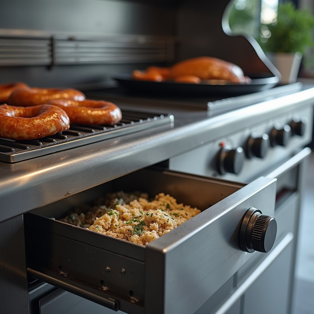 Gas grill with grease collection drawer, clean, stainless steel, professional photography, 8K Churrasqueira a gás com gaveta coletora de gordura.