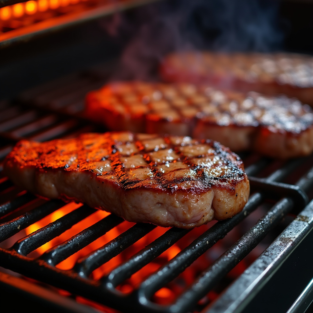 Gas grill with infrared burner, steak searing, close-up, juicy, professional photography, 8K Churrasqueira a gás com queimador infravermelho selando carne.