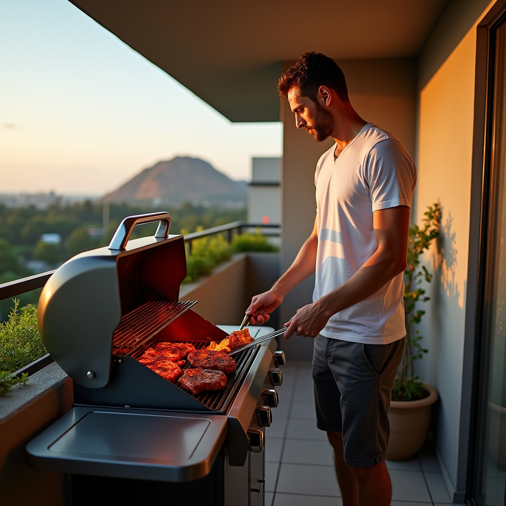 Gas grill with infrared burners on apartment balcony, man grilling meat, open windows, Brazilian Churrasqueira a gás com infravermelho em apartamento.