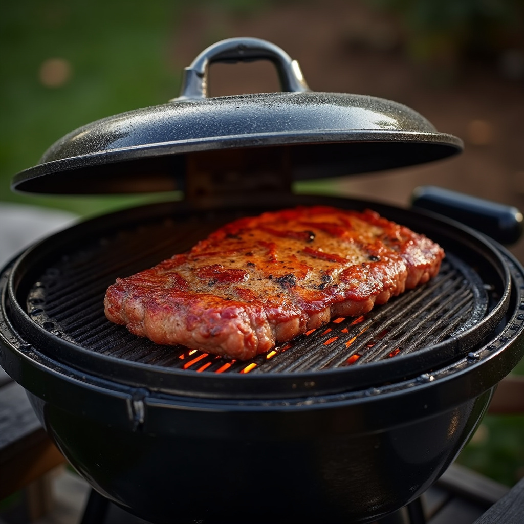 Gas grill with lid, indirect cooking, large piece of meat, professional photography, 8K quality, Churrasqueira a gás com tampa para cozimento indireto.