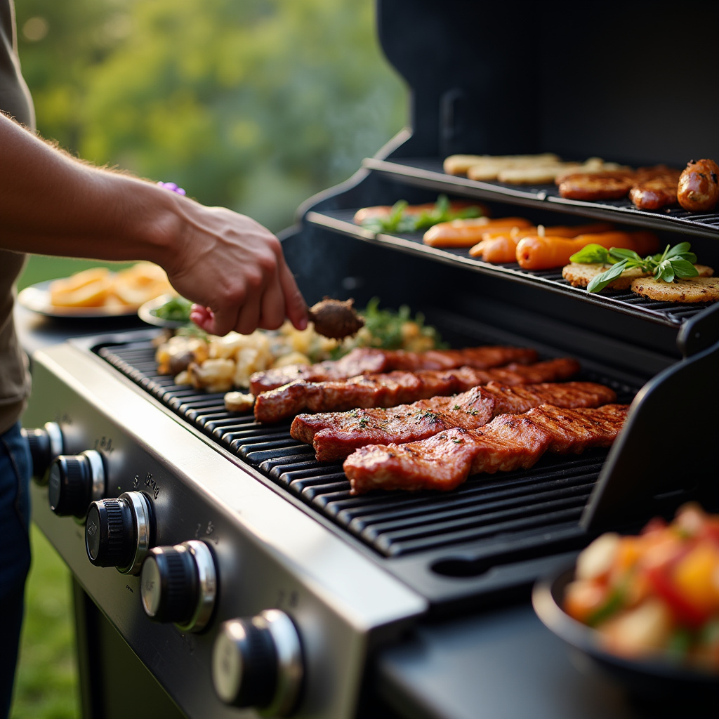 Gas grill with side burner, preparing side dishes, complete barbecue, professional photography, 8K Churrasqueira a gás com queimador lateral.