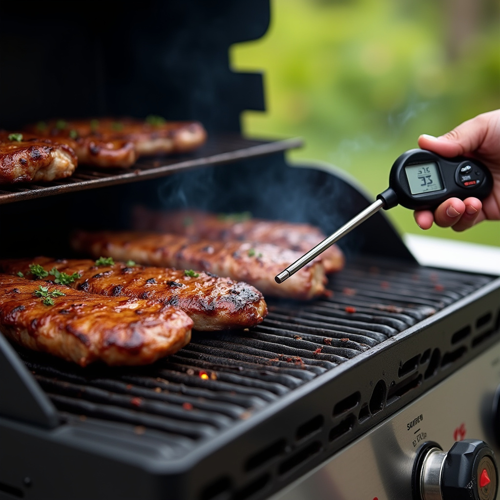 Gas grill with thermometer, meat probe, cooking, Brazilian barbecue, professional photography, 8K Churrasqueira a gás com termômetro monitorando temperatura.