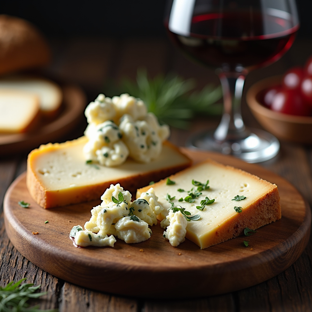 Gorgonzola and Port wine pairing, gourmet cheese board, professional photography, 8K quality, sharp Queijo gorgonzola harmonizado com vinho do Porto.