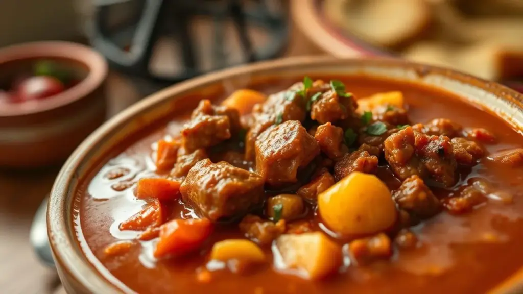 Goulash Húngaro servido em um prato fundo de cerâmica, com salsinha picada e um pedaço de pão Goulash Húngaro com salsinha picada e pão rústico, prato clássico