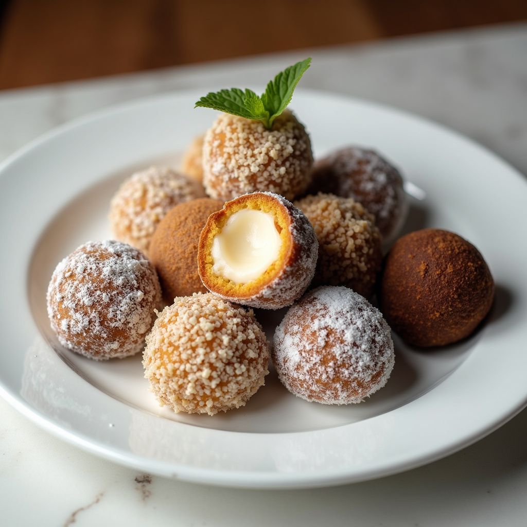 Gourmet brigadeiros with different milk powder flavors (coconut, Ninho) on a white plate, Brigadeiros gourmet com leite em pó.