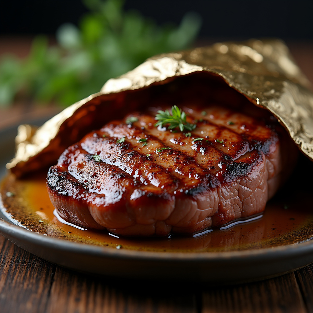 Grilled picanha resting under foil, juices visible, professional photography, 8K quality, sharp Picanha descansando sob papel alumínio.