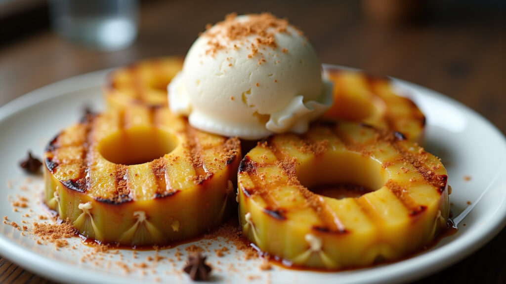 Grilled pineapple with spices, cinnamon, cloves, exotic dessert, coconut ice cream, 8K quality, Abacaxi assado com especiarias.