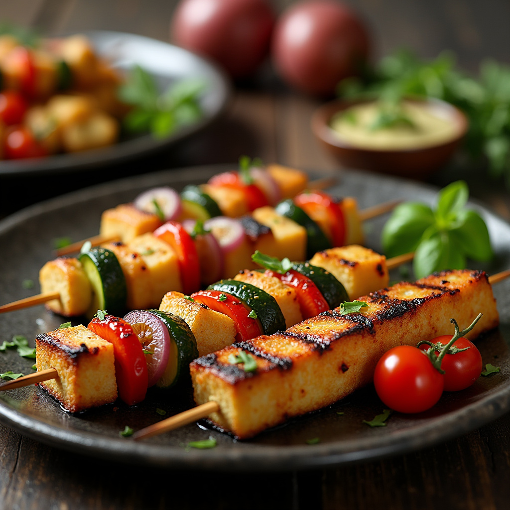 Grilled vegetables, tofu skewers, vegetarian options, Brazilian style, 8k, sharp focus, natural Alternativas vegetarianas para churrasco sem fumaça.