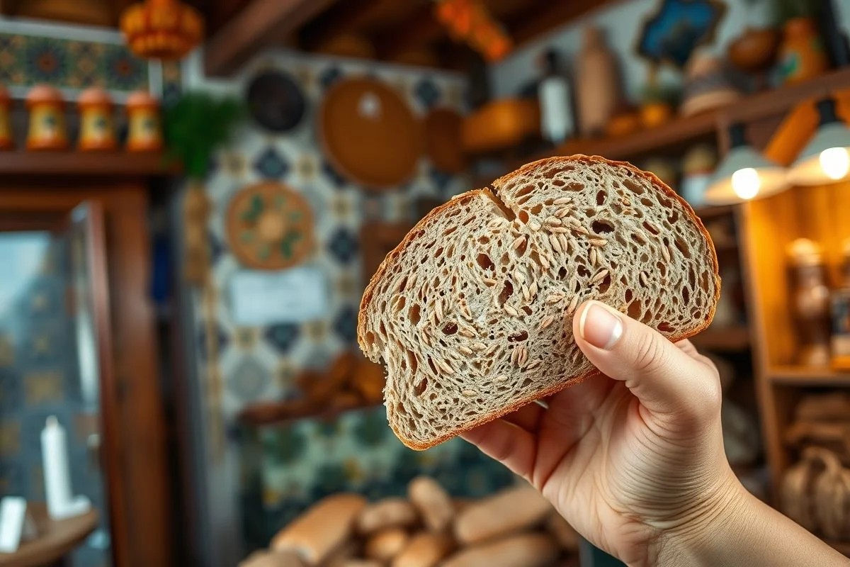 Fatia de pão integral com grãos visíveis.