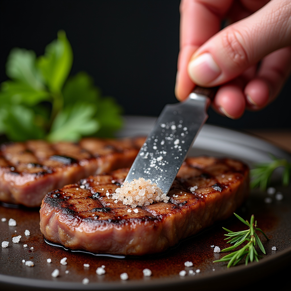 Hand removing coarse salt crust from grilled picanha, professional photography, 8K quality, sharp Removendo crosta de sal da picanha.