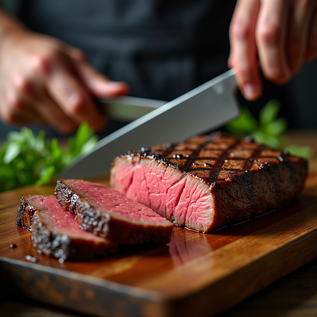 Hand slicing grilled picanha against the grain, close-up, professional photography, 8K quality, Cortando picanha contra a fibra.