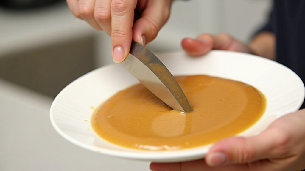 Hand testing 'doce de leite' consistency on a white plate, caramel color, creamy texture, kitchen Teste do ponto certo do doce de leite caseiro em um prato.