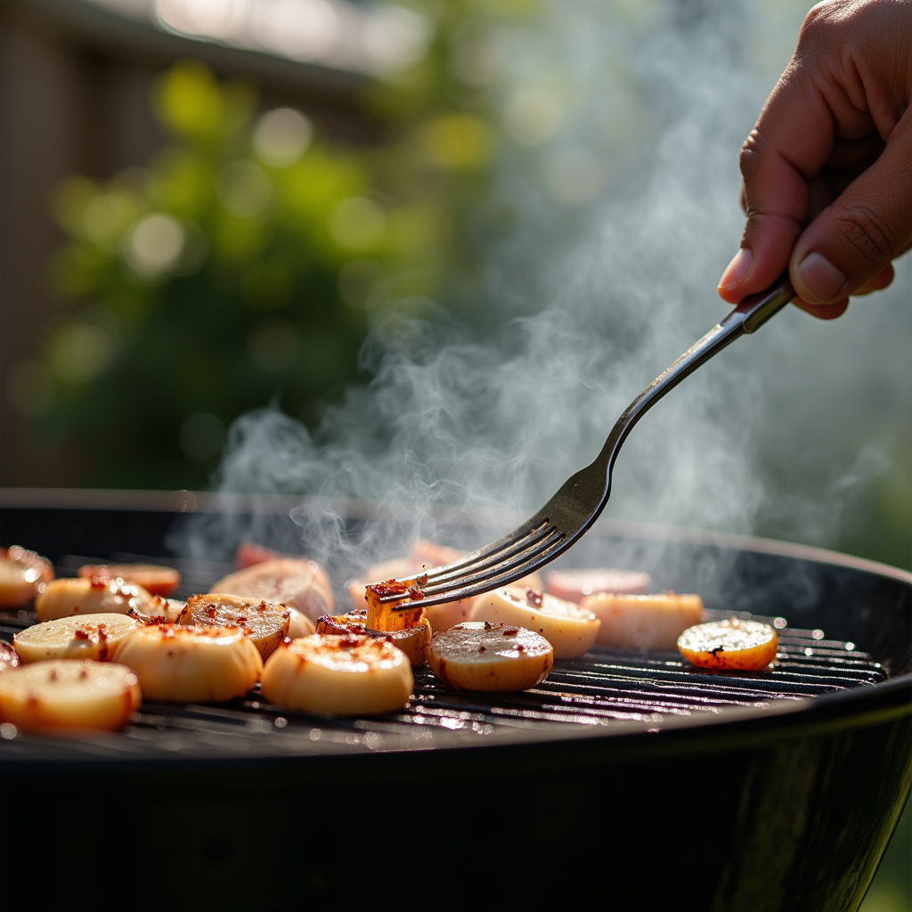 Hand using fork to hold onion cleaning hot BBQ grill, backyard, smoke, sunny day, lifestyle Limpando a grelha quente com cebola e garfo.
