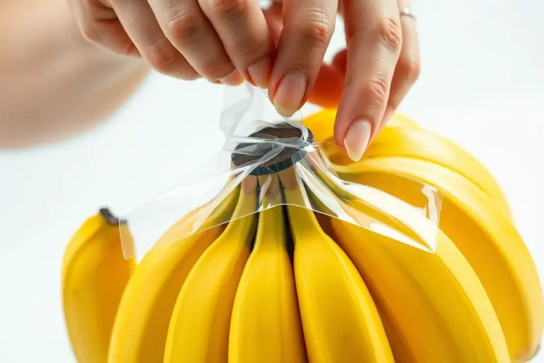 Mãos aplicando fita adesiva na coroa de bananas para retardar o amadurecimento.
