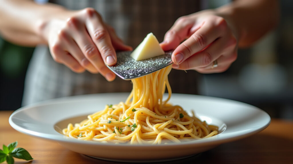 Hands grating Pecorino over pasta dish, professional photography, 8K quality, sharp focus, natural Mãos ralando queijo Pecorino sobre um prato de massa.