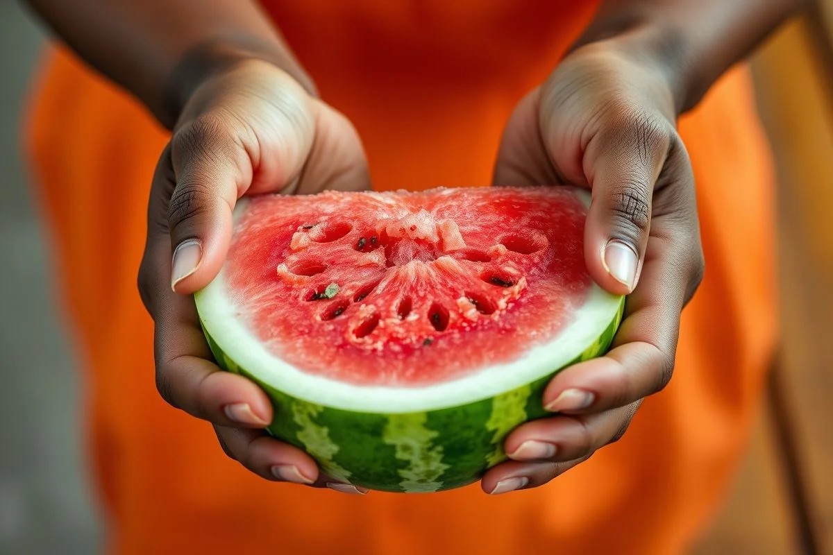 Mãos segurando fatia de melancia com parte branca em destaque