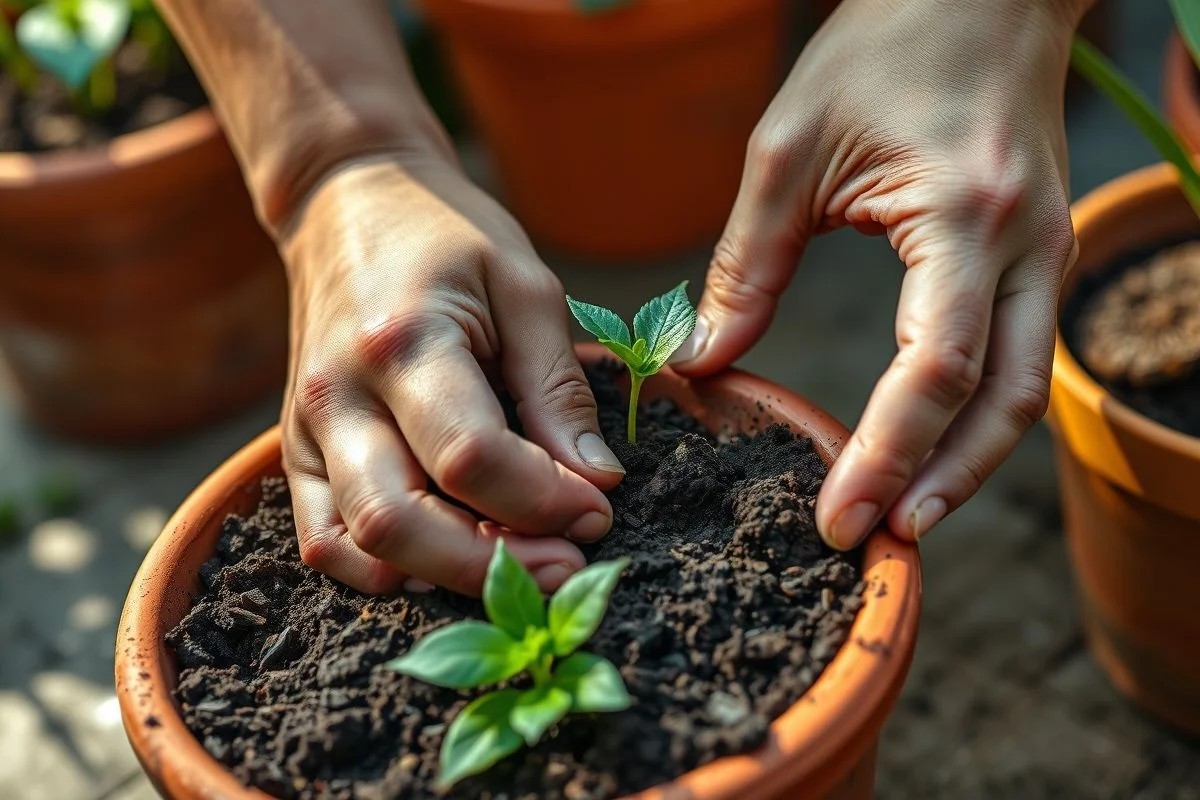 Mãos plantando sementes de maracujá em vaso com terra.