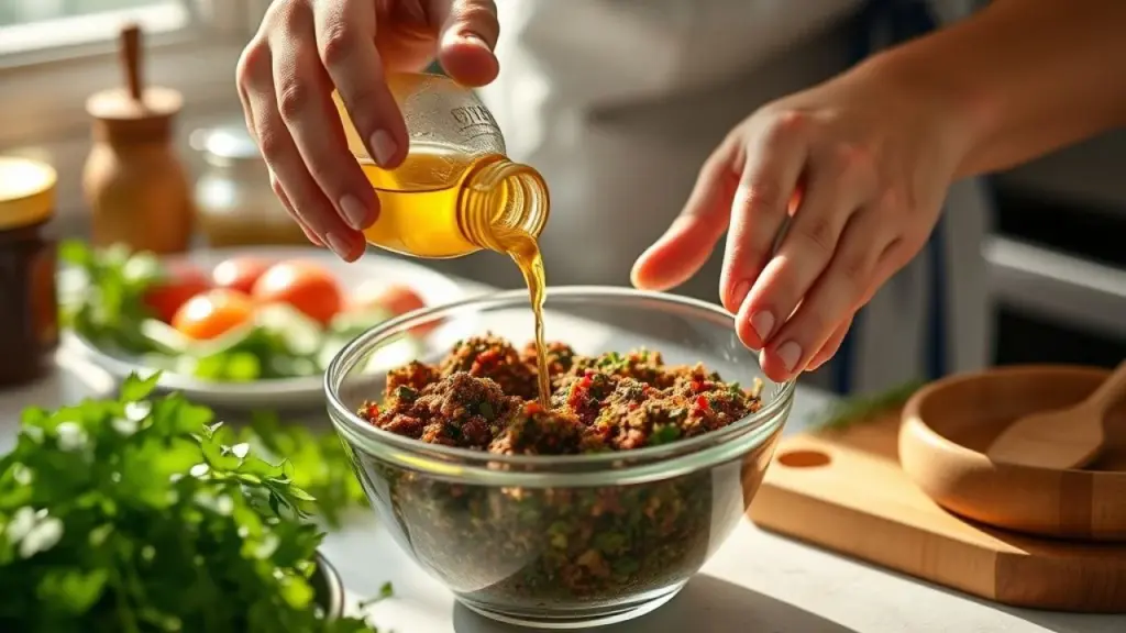 Hands preparing chimichurri in a bright Brazilian kitchen. A person is adding olive oil to a bowl Preparando chimichurri caseiro em cozinha ensolarada no Brasil.