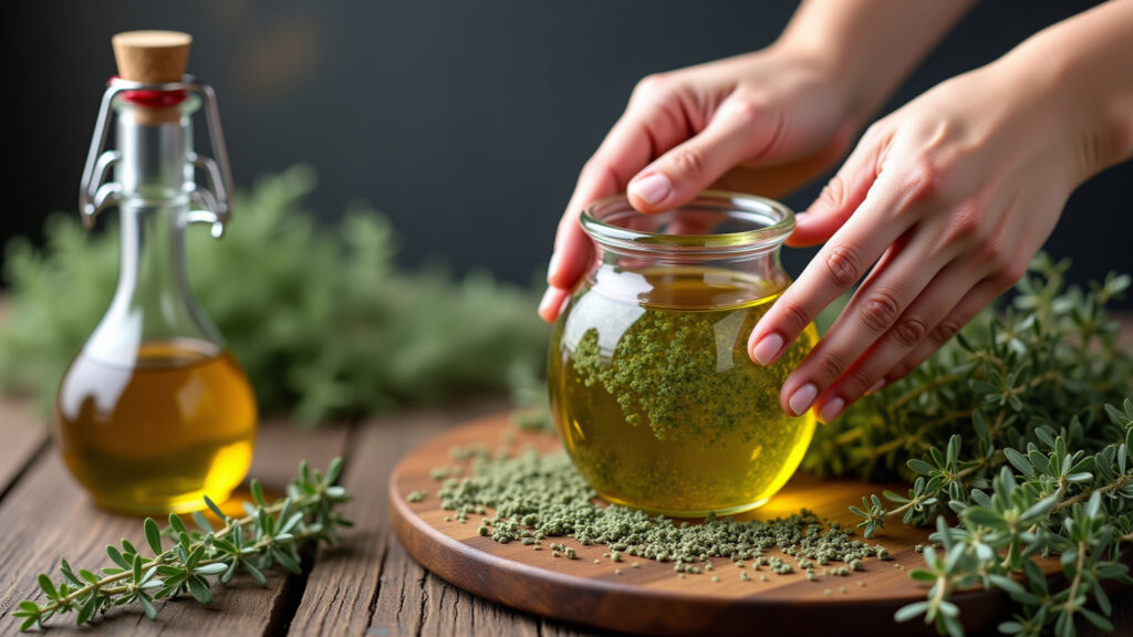 Hands preparing oregano oil infusion, glass jar, olive oil, dried oregano, rustic table, natural Preparando infusão de óleo de orégano.