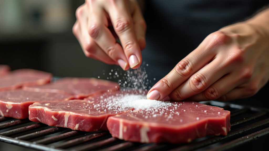 Hands seasoning picanha with coarse salt before grilling, professional photography, 8K quality, Temperando picanha com sal grosso para churrasco.