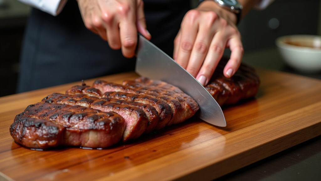 Hands slicing grilled picanha on a wooden board, professional photography, 8K quality, sharp focus, Fatiando picanha grelhada para servir.