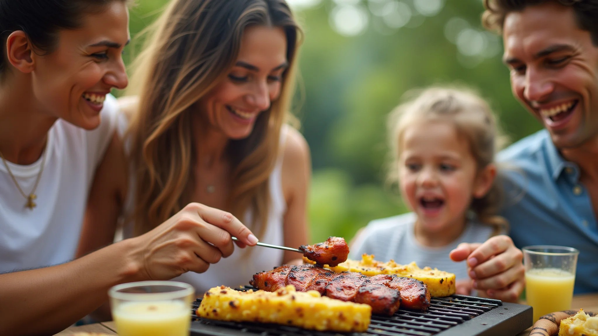 Família brasileira feliz em um churrasco com vinagrete de abacaxi.