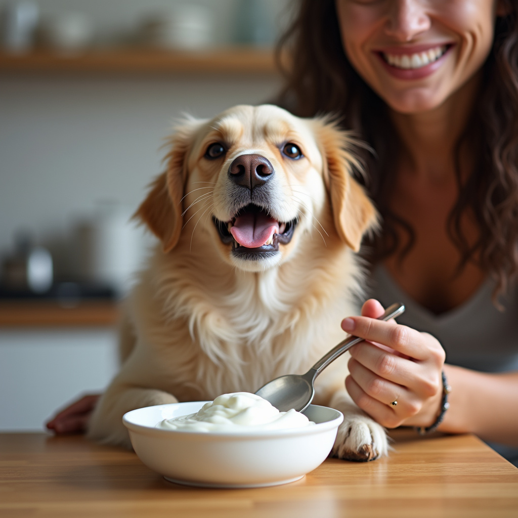Happy dog eating plain yogurt, owner smiling, natural light, kitchen background, professional Cachorro feliz comendo iogurte desnatado, tutor sorrindo.