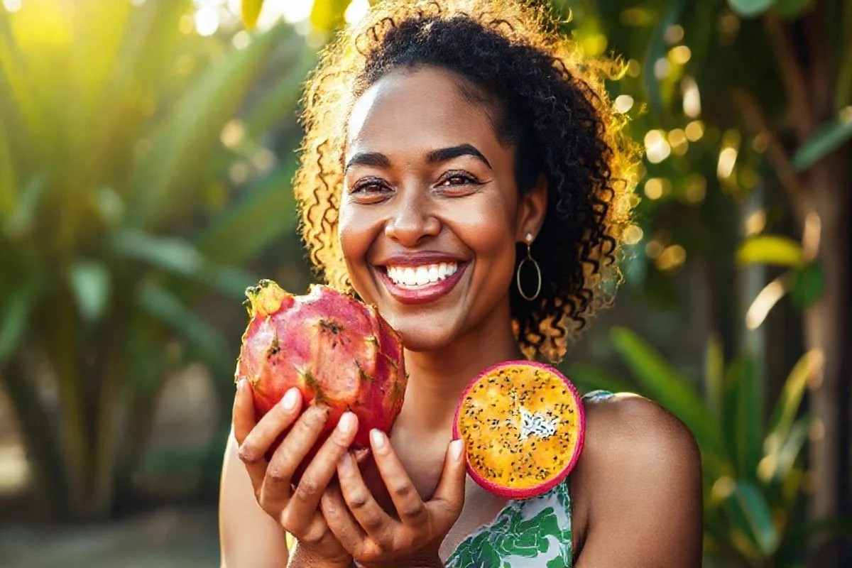 Brasileira sorrindo com pitaya na mão, representando alimentação saudável.