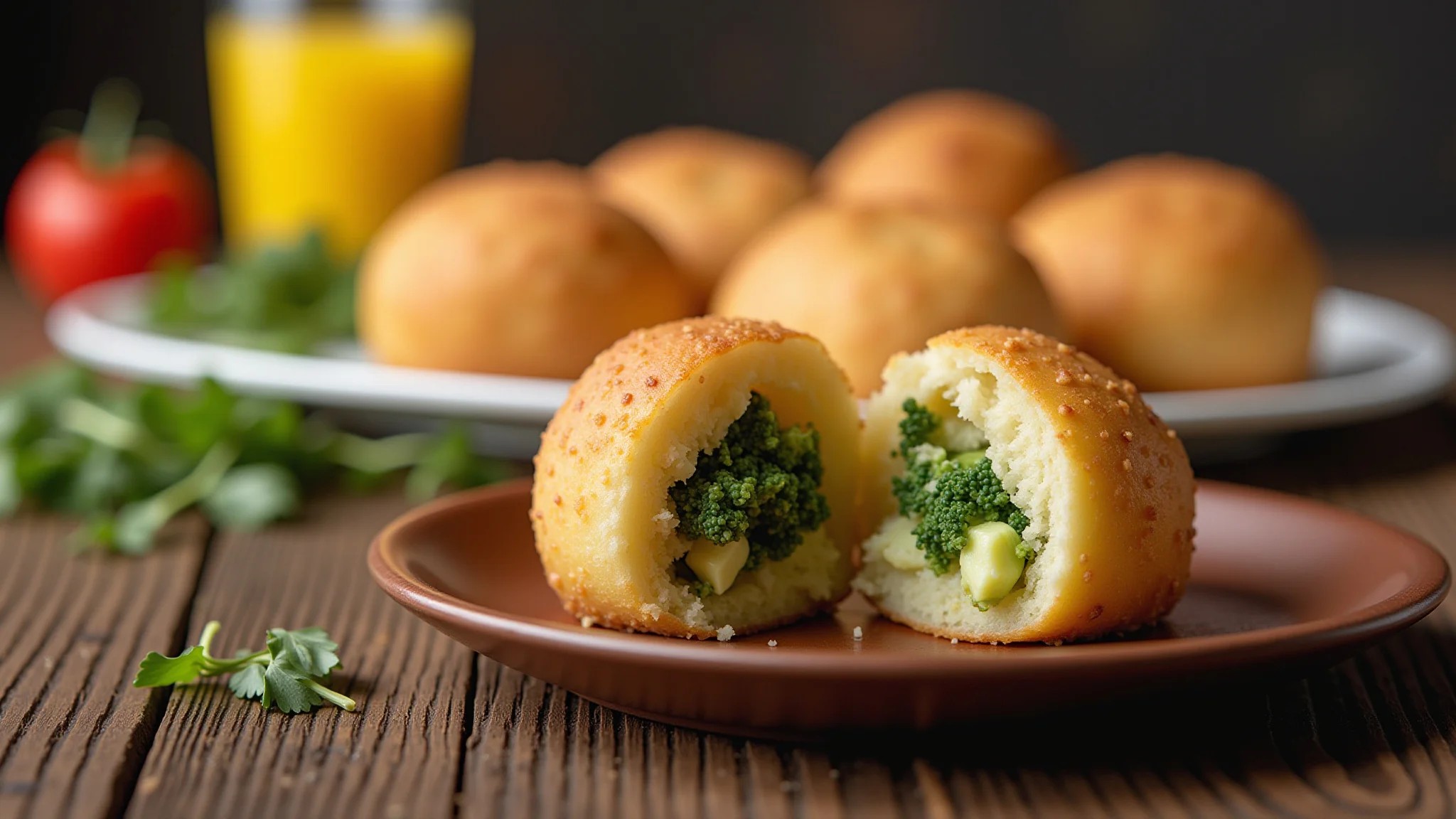 Rocambole de batata com recheio cremoso de brócolis, textura crocante e macia.