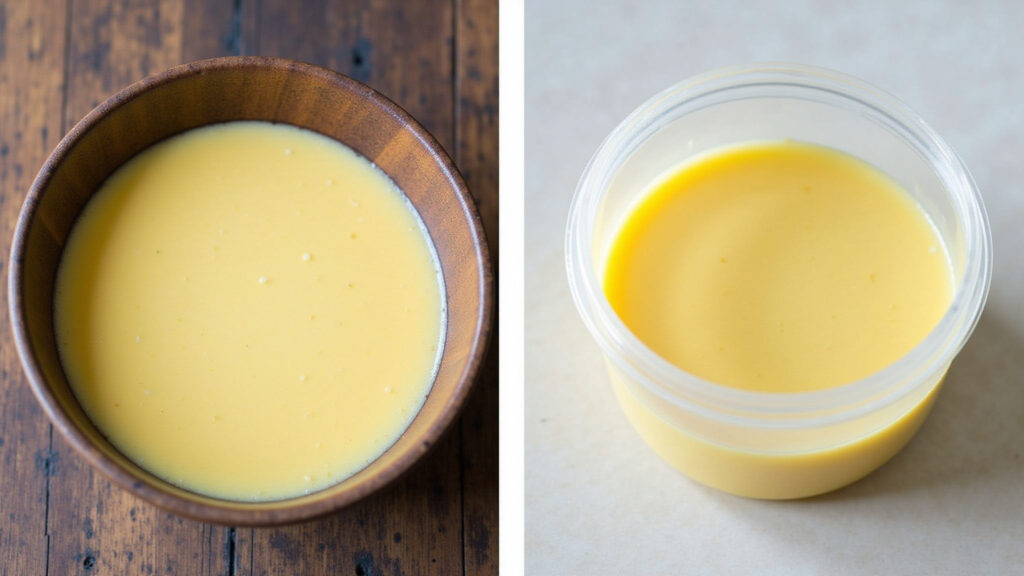 Homemade 'doce de leite' in a rustic bowl, industrial 'doce de leite' in a plastic container, Comparativo: Doce de leite caseiro vs. doce de leite industrializado.