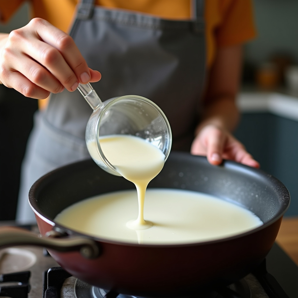 Homemade evaporated milk preparation. Woman stirring milk in a pan, kitchen setting, natural light, Fazendo leite evaporado caseiro.