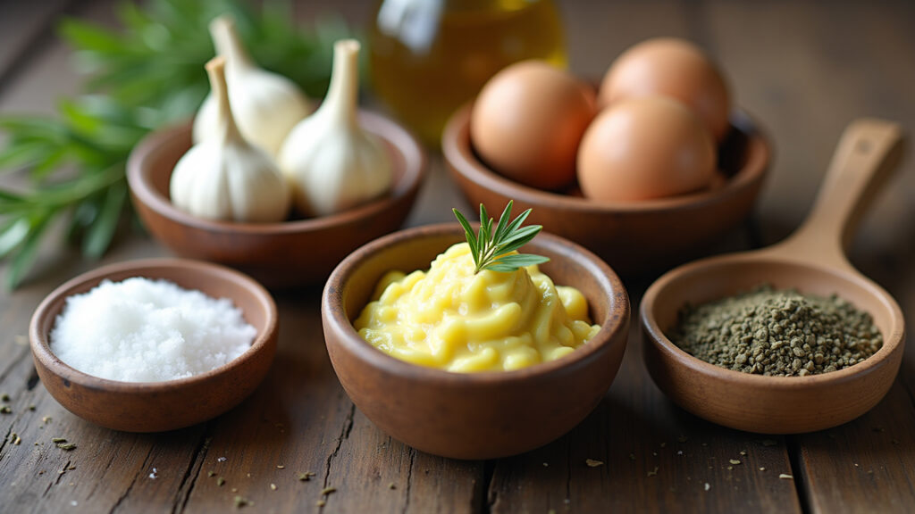 Homemade garlic paste ingredients: fresh garlic, olive oil, salt, pepper, herbs in rustic bowls, Ingredientes frescos para a pasta de alho caseira.
