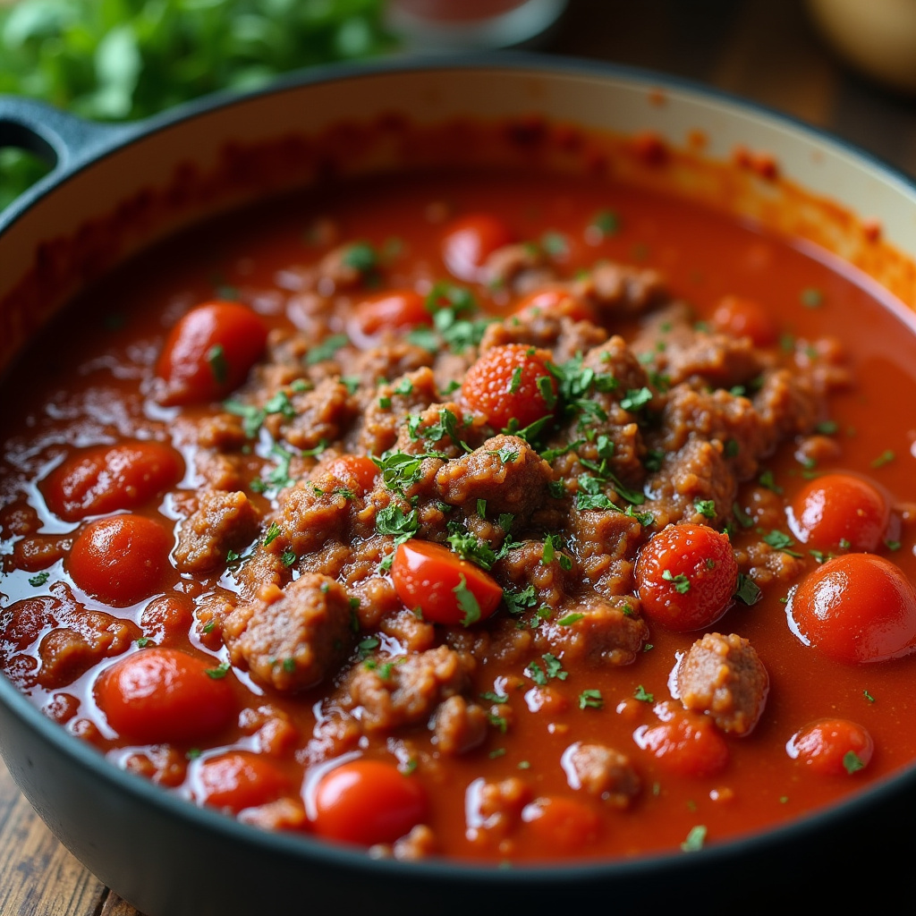 Homemade tomato sauce with ground beef simmering, herbs, spices, rustic pot, natural light, 8K Molho de tomate com carne moída