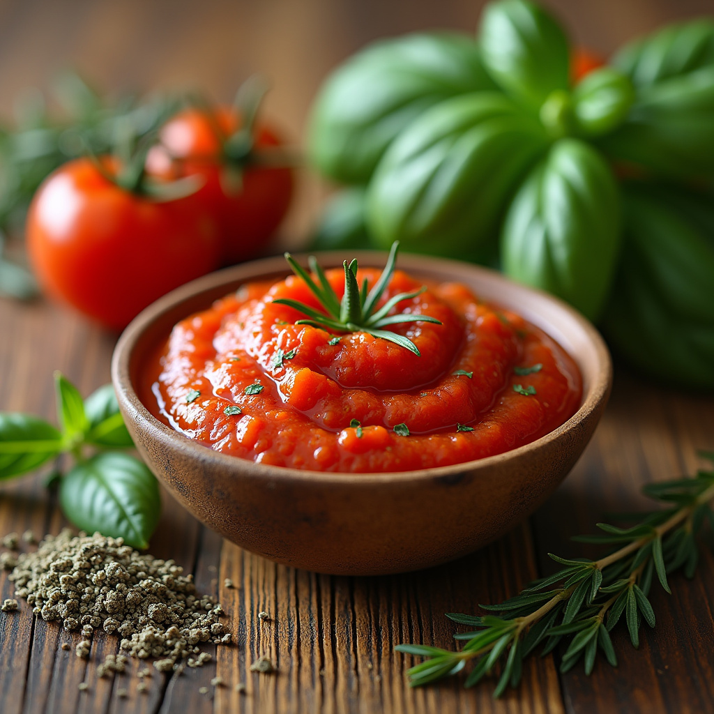 Homemade tomato sauce with various herbs and spices (basil, oregano, rosemary, thyme), wooden Molho de tomate temperado