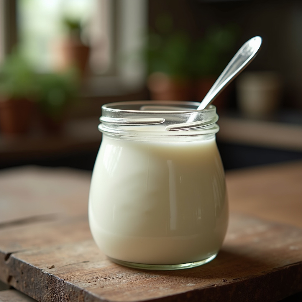Homemade yogurt in a glass jar, with a spoon. 8k quality, sharp focus, natural lighting, rustic Iogurte caseiro em pote de vidro.