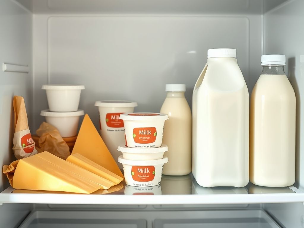 Prateleira de geladeira bem organizada com diversos produtos lácteos armazenados corretamente.