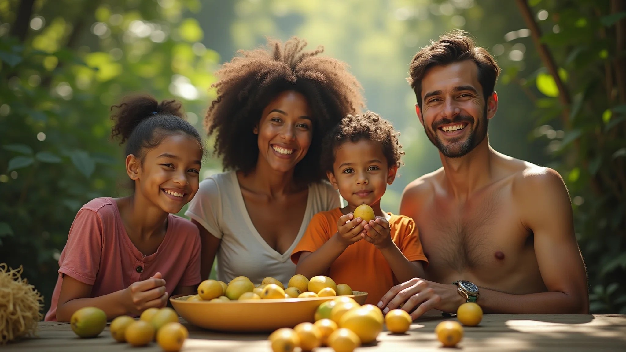 Família brasileira comendo abacates maduros.