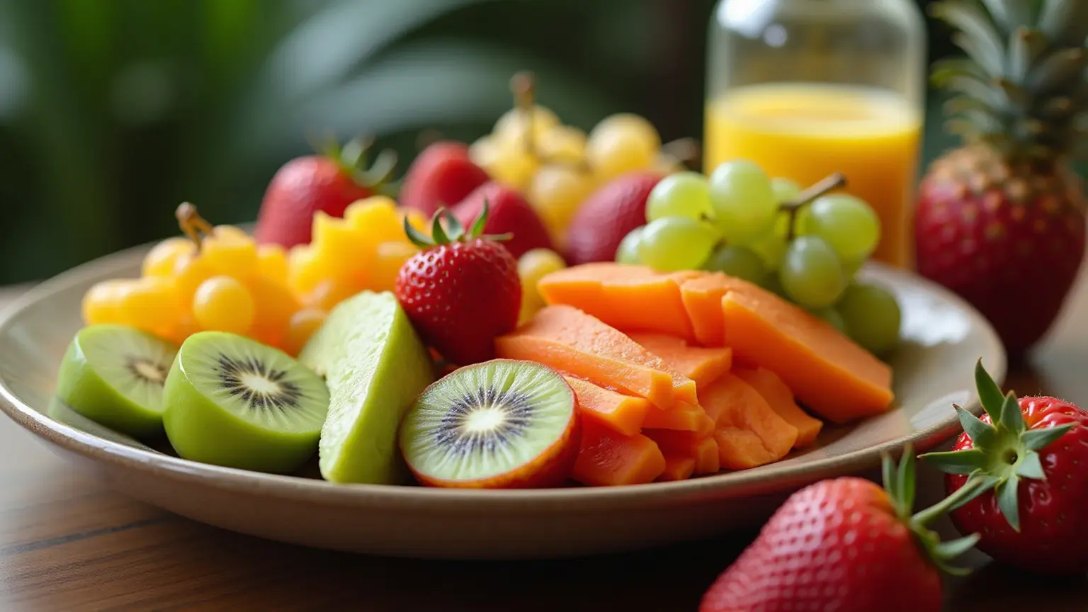 Mesa com diversas frutas tropicais brasileiras.