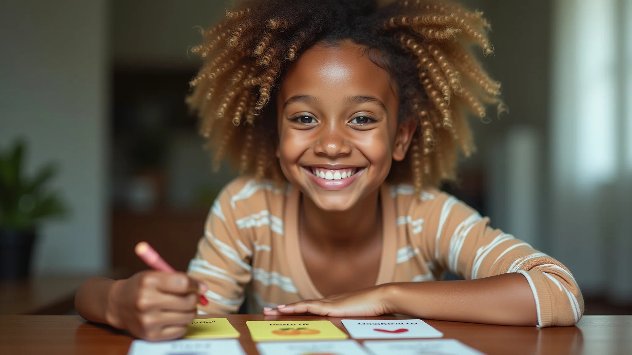 Pessoa aprendendo inglês com flashcards de frutas.