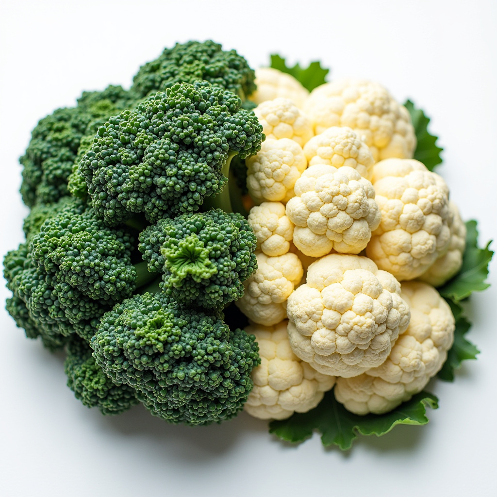 Kale and cauliflower side by side, flavor comparison, one bitter, one sweet, professional Comparativo de sabor: couve e couve-flor