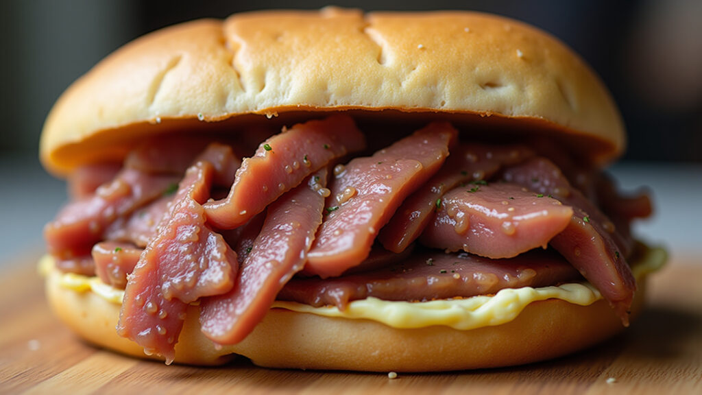 Leftover picanha shredded in sandwich, close-up, rustic bread, fresh ingredients, natural light, Sanduíche com sobras de picanha desfiada.