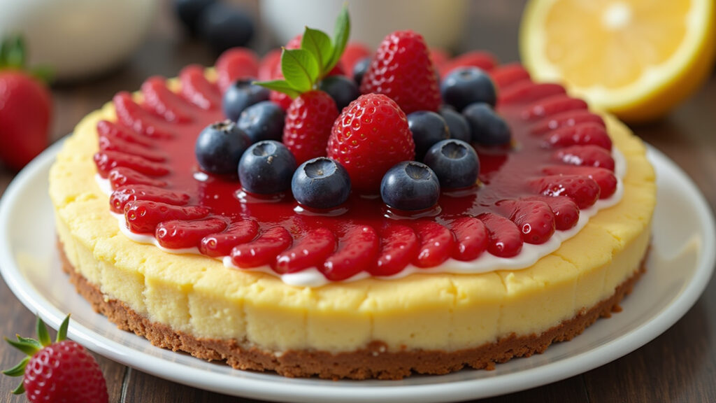 Lemon pie with red berries, citrus dessert, tart, fresh fruits, 8K quality, sharp focus, Torta de limão com frutas vermelhas.