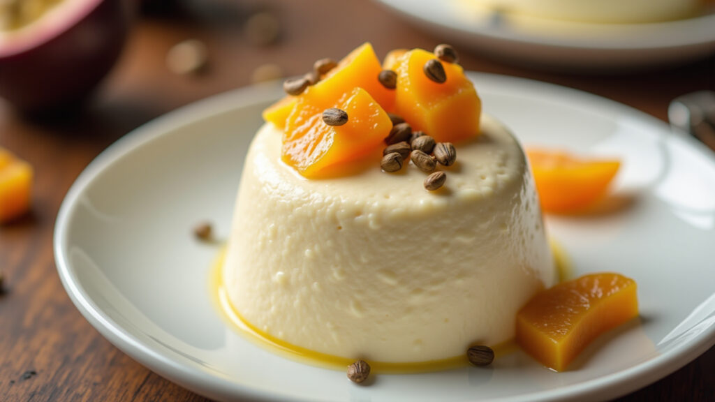 Light passion fruit mousse, creamy texture, passion fruit seeds, natural yogurt, bright light, 8K Mousse de maracujá light com sementes.