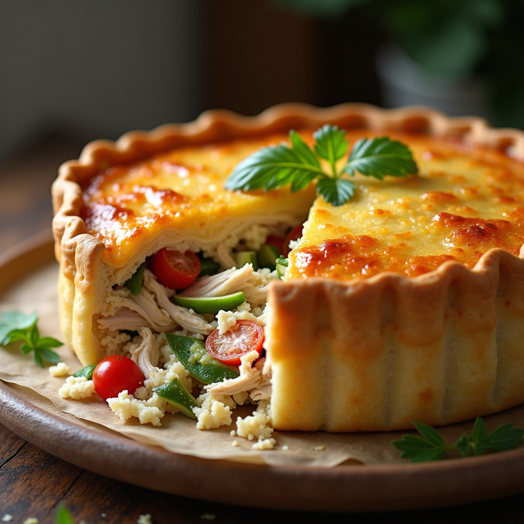 Liquidizer pie with shredded chicken and vegetable filling, professional photography, 8K, sharp Torta de liquidificador com recheio de frango desfiado e legumes.