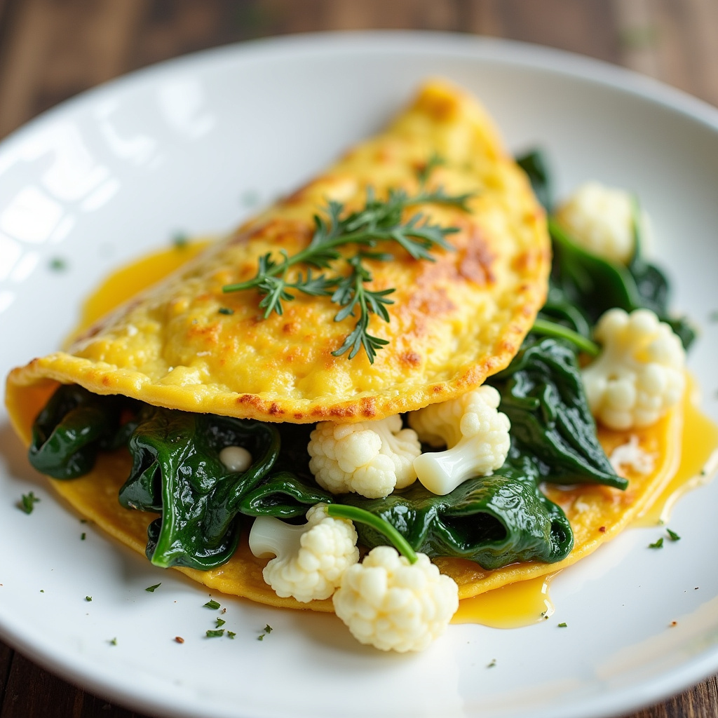 Low carb omelette with spinach, cauliflower, and cheese on a white plate, healthy eating, 8K, sharp Omelete low carb com verduras.