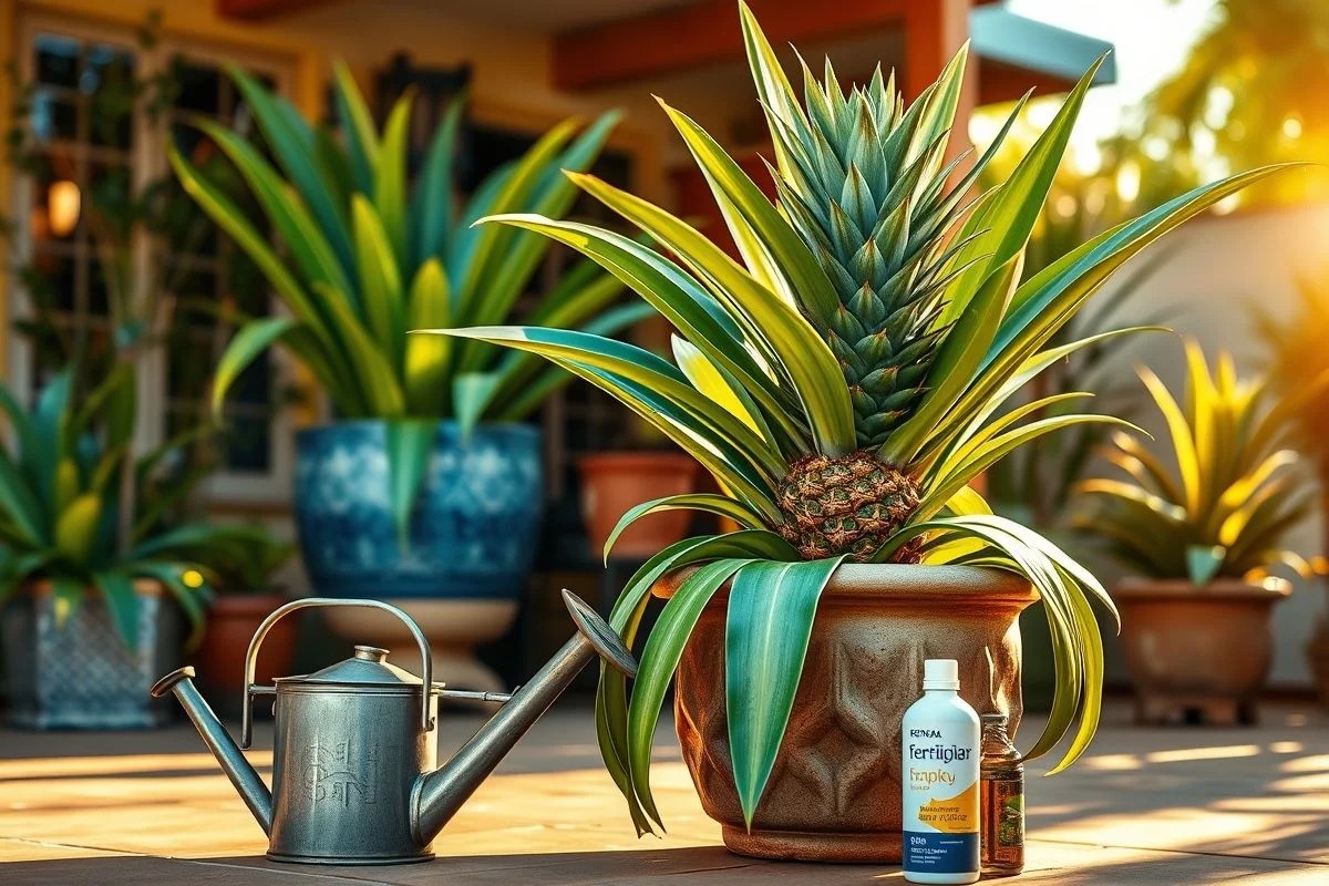 Pé de abacaxi crescendo saudável em vaso, regado e adubado.